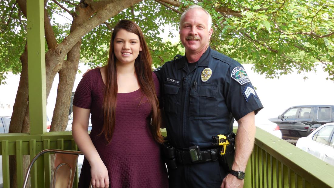 Felicia Villegas and Austin Police Department Sgt. Carl Satterlee reunited this spring when she visited Austin. Photo: Jennifer Brett / jbrett@ajc.com
